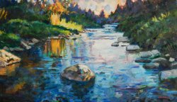 Late Afternoon Light on Latah Creek, oil on canvas, 29 x 50.5 inches, copyright ©2020, $4000