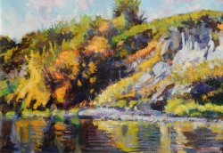 Autumn Shoreline at Fort Spokane, oil on canvas, 25 x 37 inches, copyright ©2020, $2800