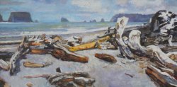 Driftwood at Rialto Beach, oil on canvas, copyright © 2018, 24 x 48 inches, $3000 Available at Earthworks Gallery, Yachats, OR. SOLD