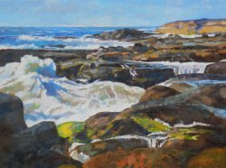 Smelt Sands Wave, oil on canvas, copyright © 2018, 33.5 x 45.5 inches, $3800 Available at Earthworks Gallery, Yachats, OR.